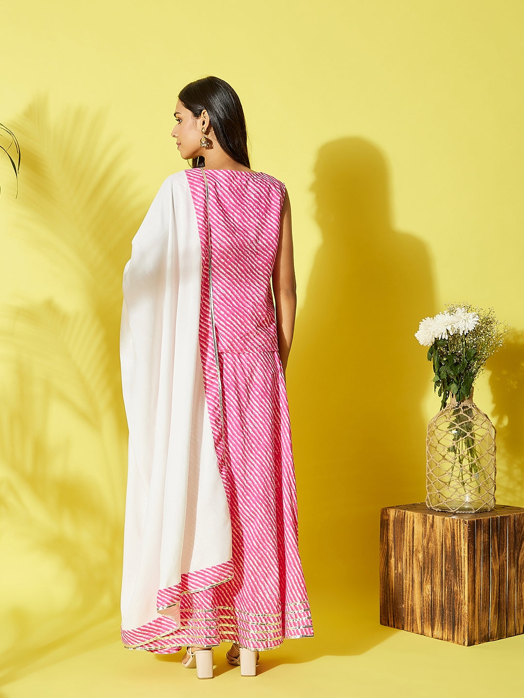 InWeave Pink Lehriya Top Set With Dupatta