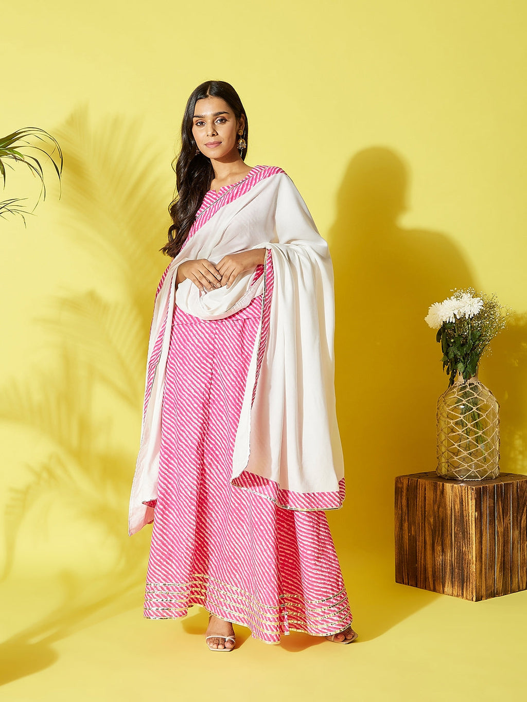 InWeave Pink Lehriya Top Set With Dupatta