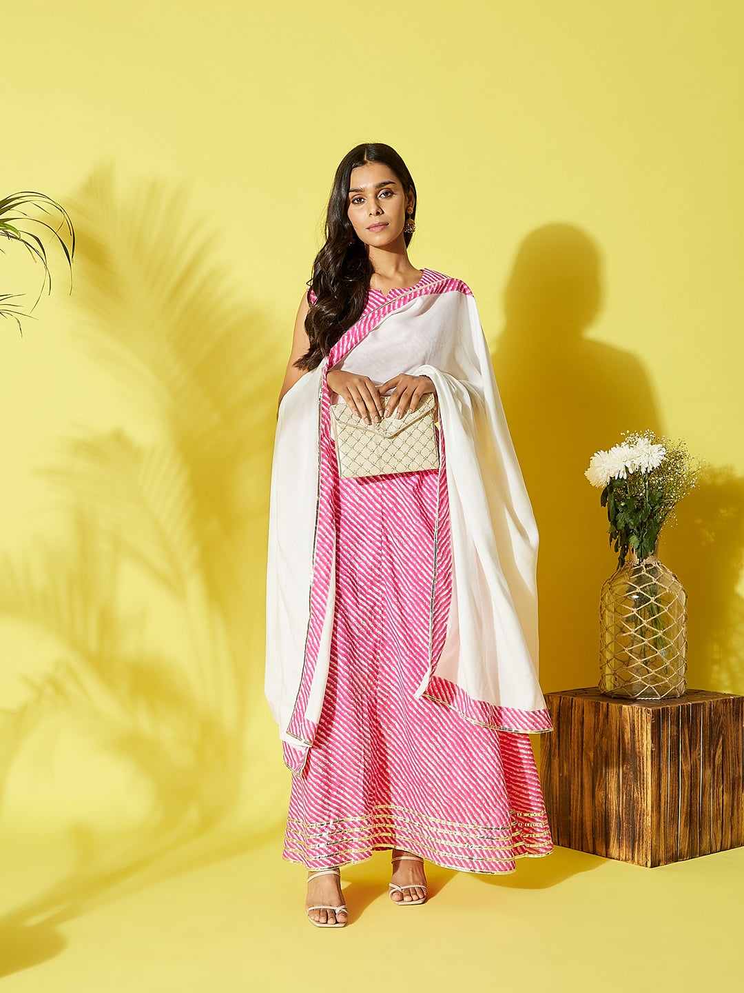 InWeave Pink Lehriya Top Set With Dupatta