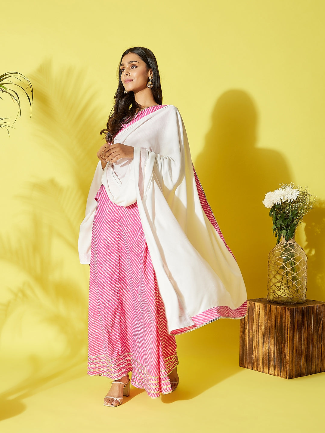 InWeave Pink Lehriya Top Set With Dupatta