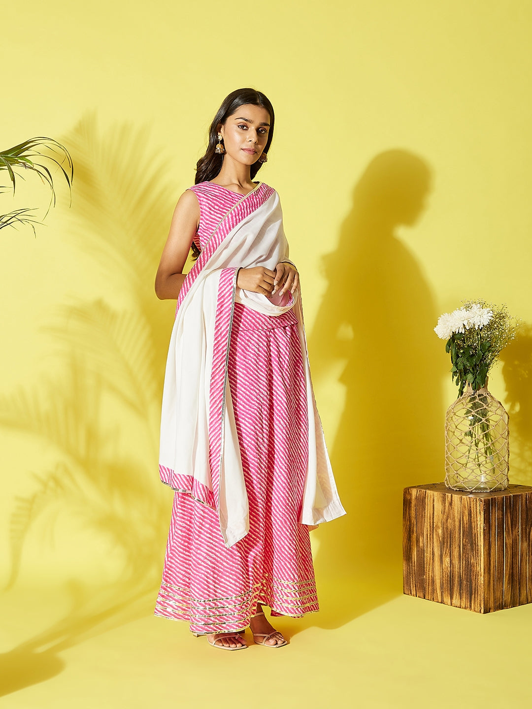 InWeave Pink Lehriya Top Set With Dupatta