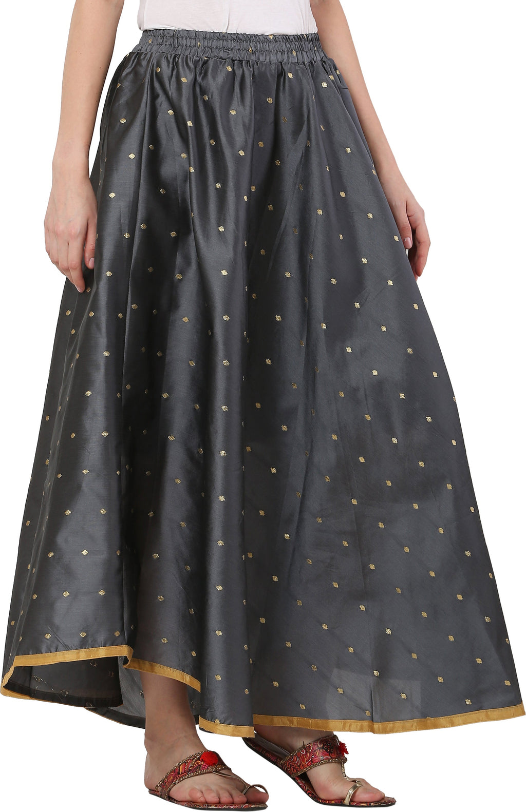 PAVONINE Grey Color Golden Zari Work Satan Fabric Maxi Skirt For Women