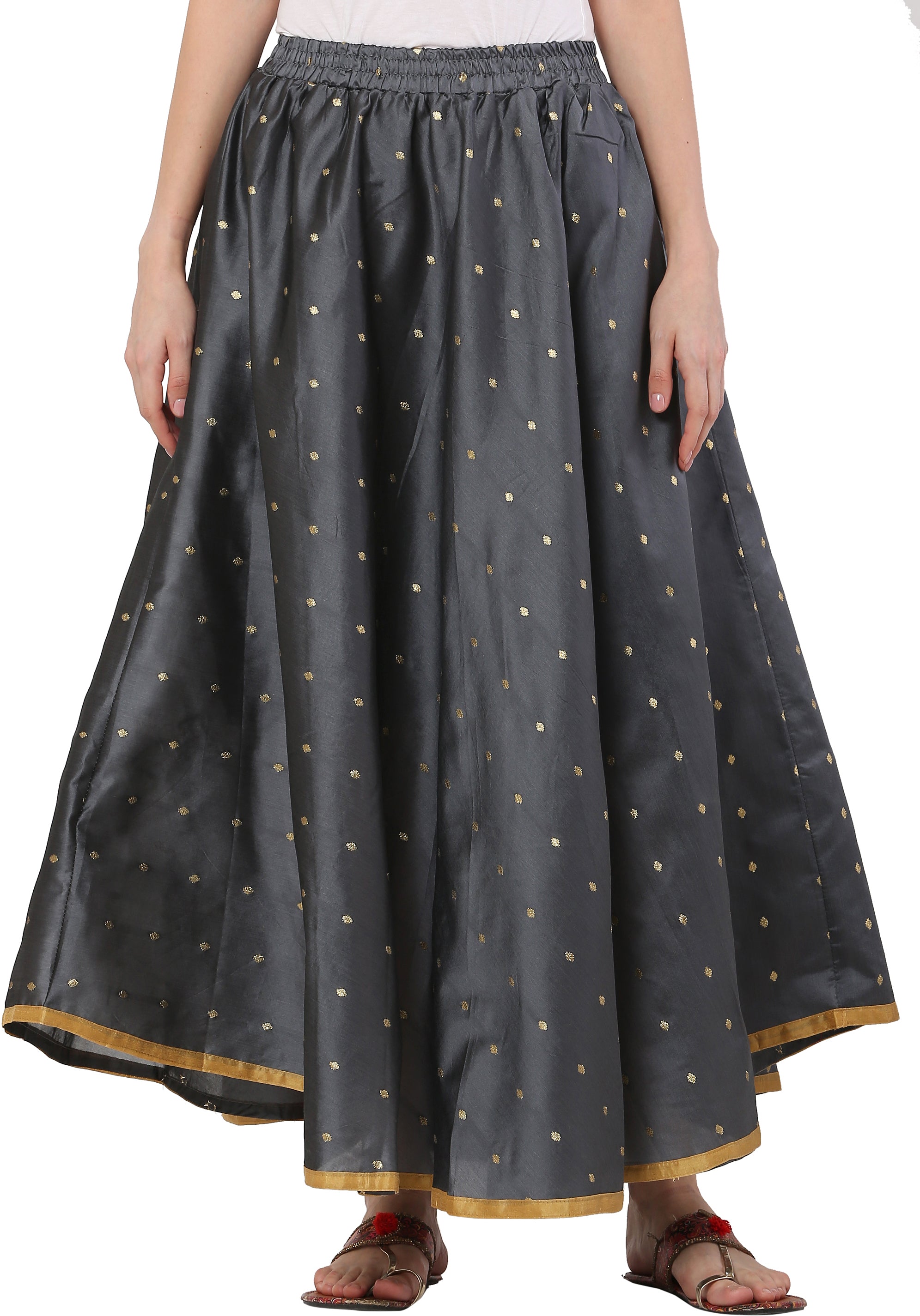 PAVONINE Grey Color Golden Zari Work Satan Fabric Maxi Skirt For Women