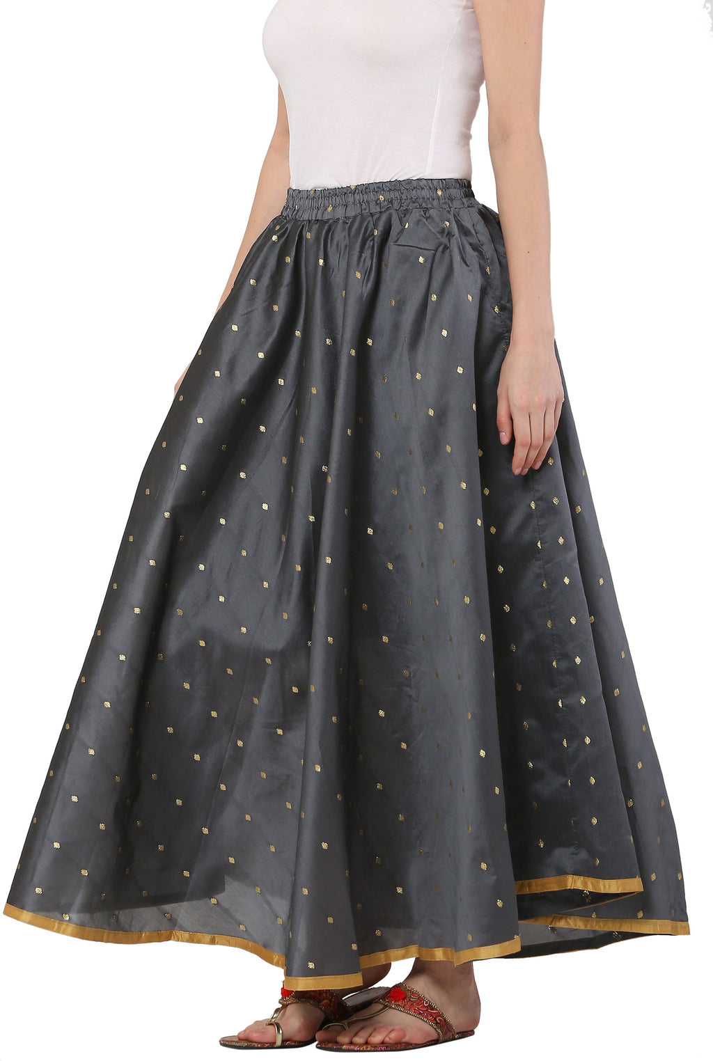 PAVONINE Grey Color Golden Zari Work Satan Fabric Maxi Skirt For Women