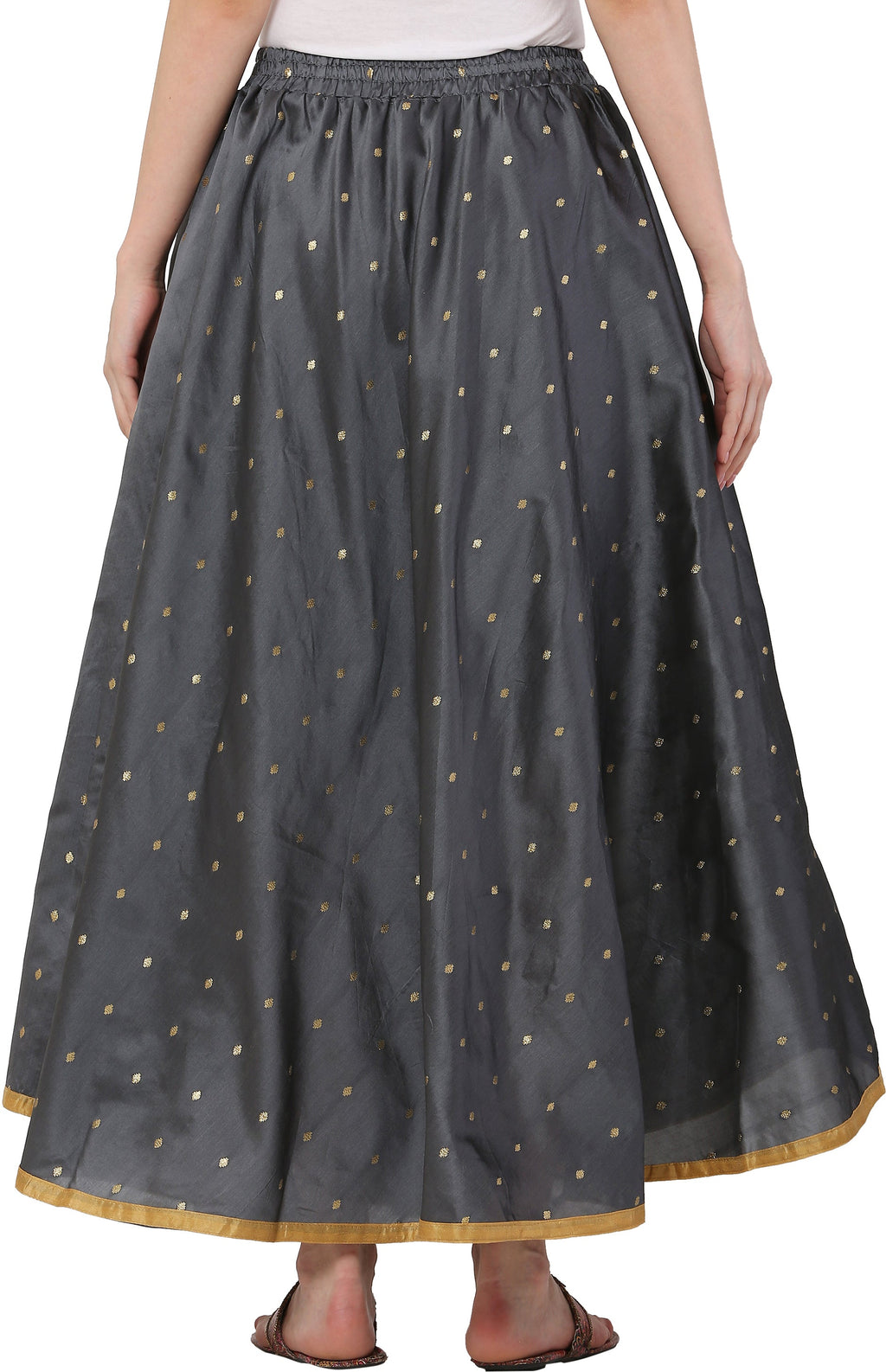 PAVONINE Grey Color Golden Zari Work Satan Fabric Maxi Skirt For Women
