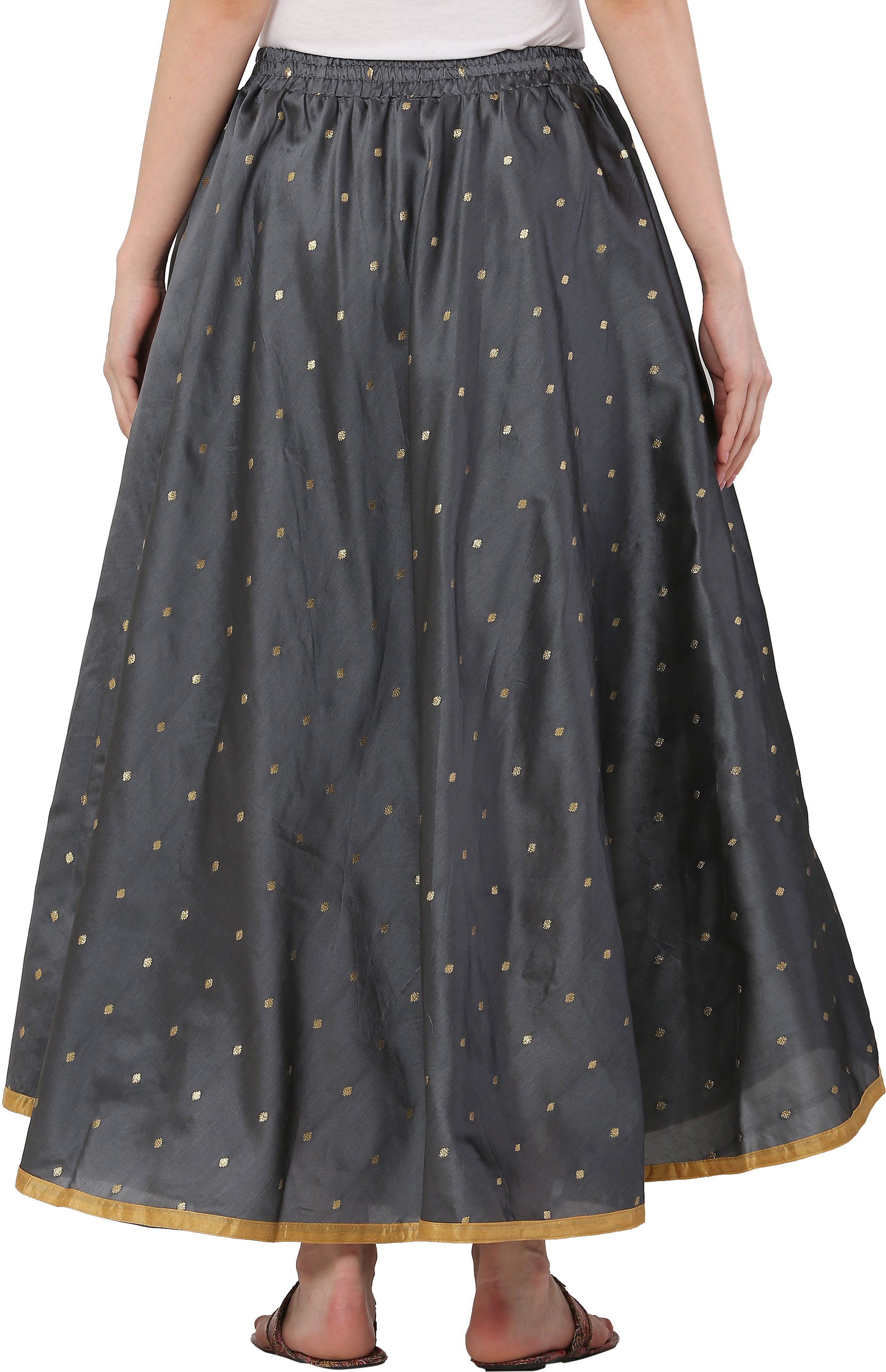 PAVONINE Grey Color Golden Zari Work Satan Fabric Maxi Skirt For Women