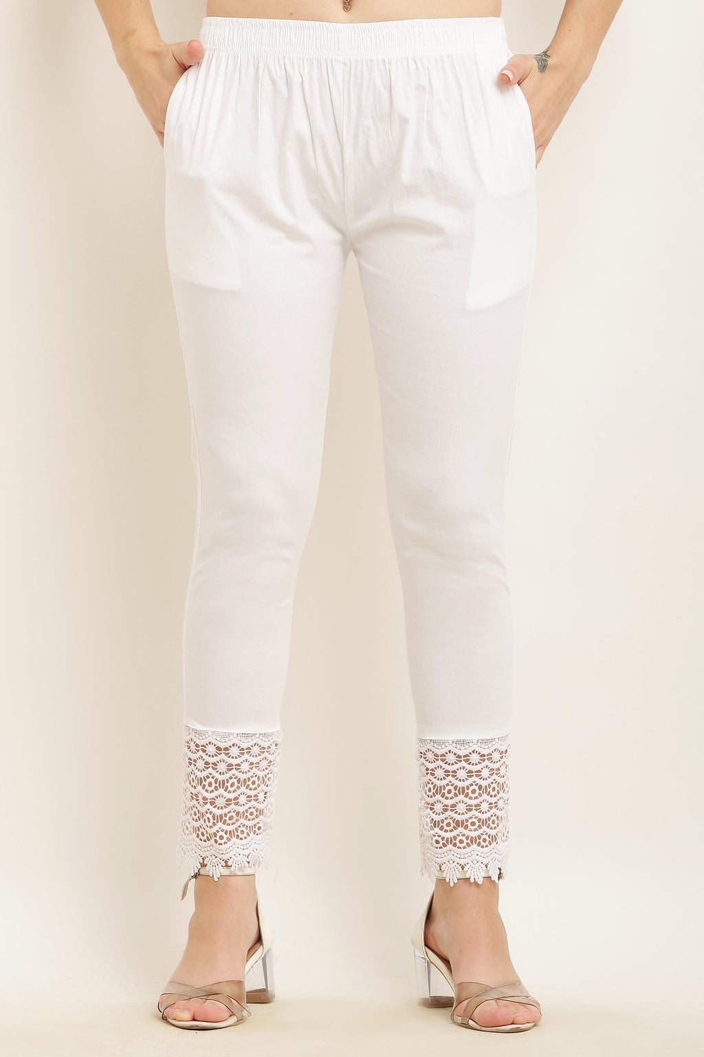 PAVONINE White Color Dot Kirosia Lace Hem Cotton Fabric Palazzo For Women