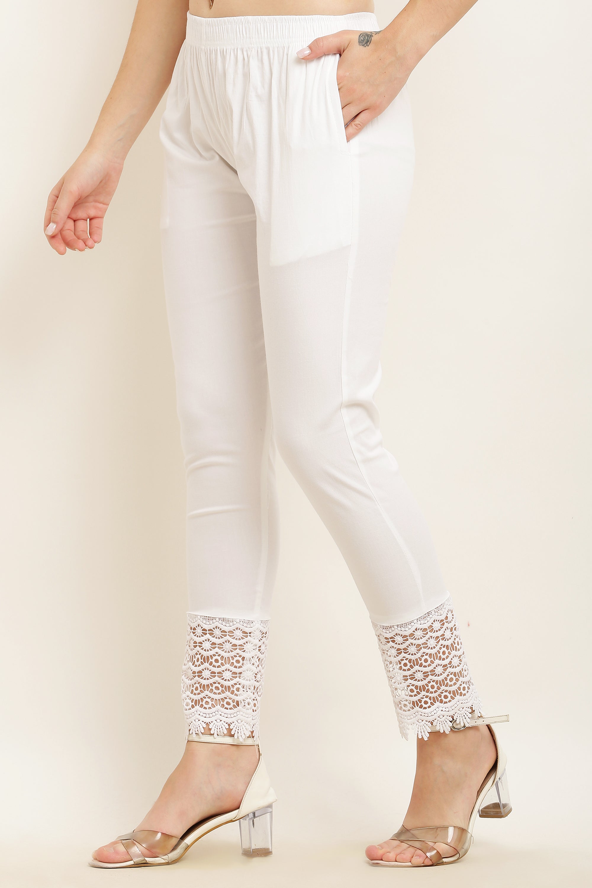 PAVONINE White Color Dot Kirosia Lace Hem Cotton Fabric Palazzo For Women