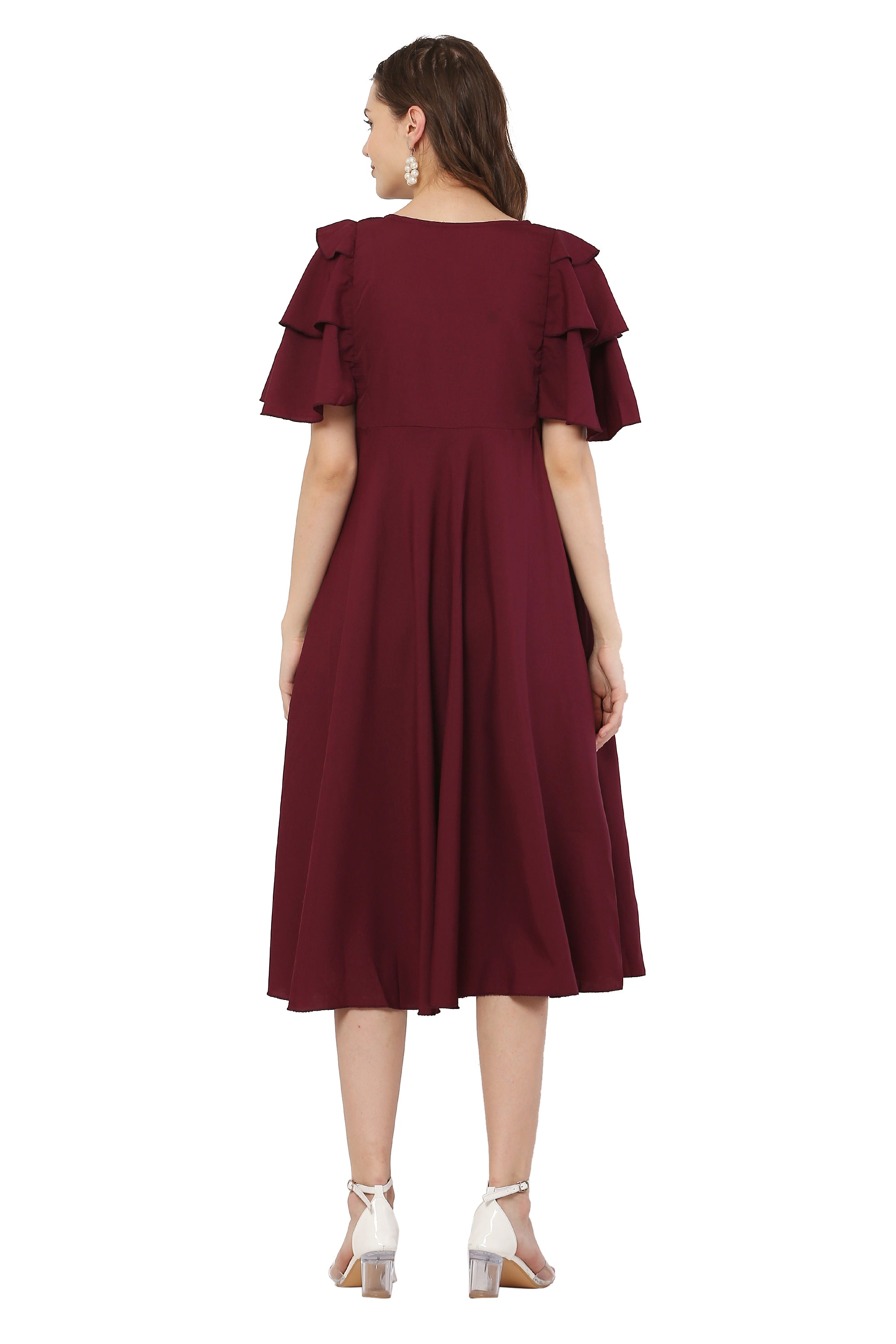 PAVONINE Maroon Color Crepe Fabric Embroidery Dress For Women