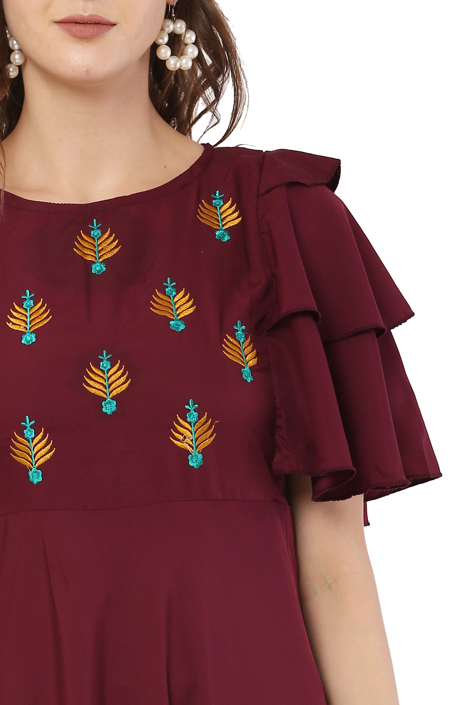 PAVONINE Maroon Color Crepe Fabric Embroidery Dress For Women