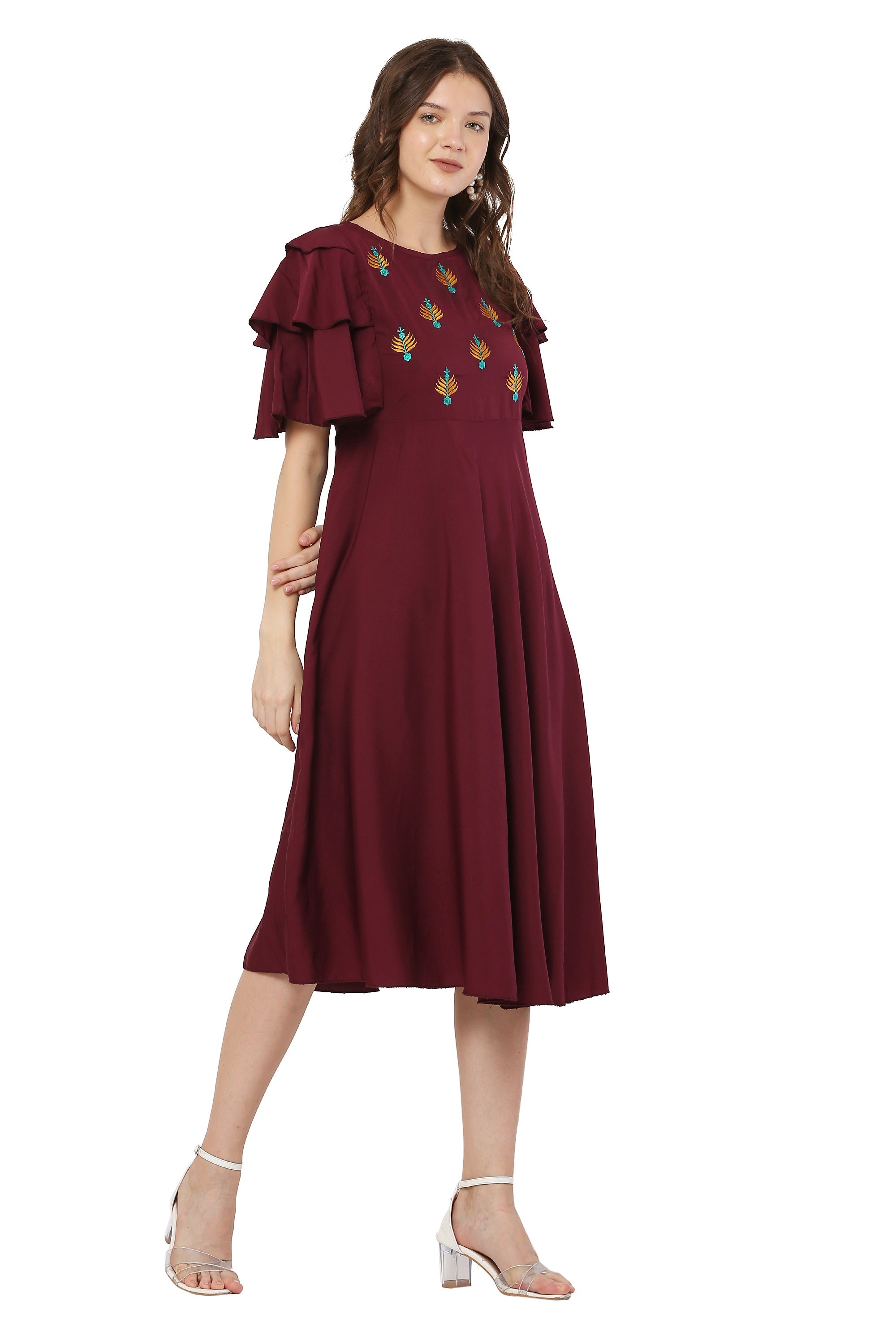 PAVONINE Maroon Color Crepe Fabric Embroidery Dress For Women