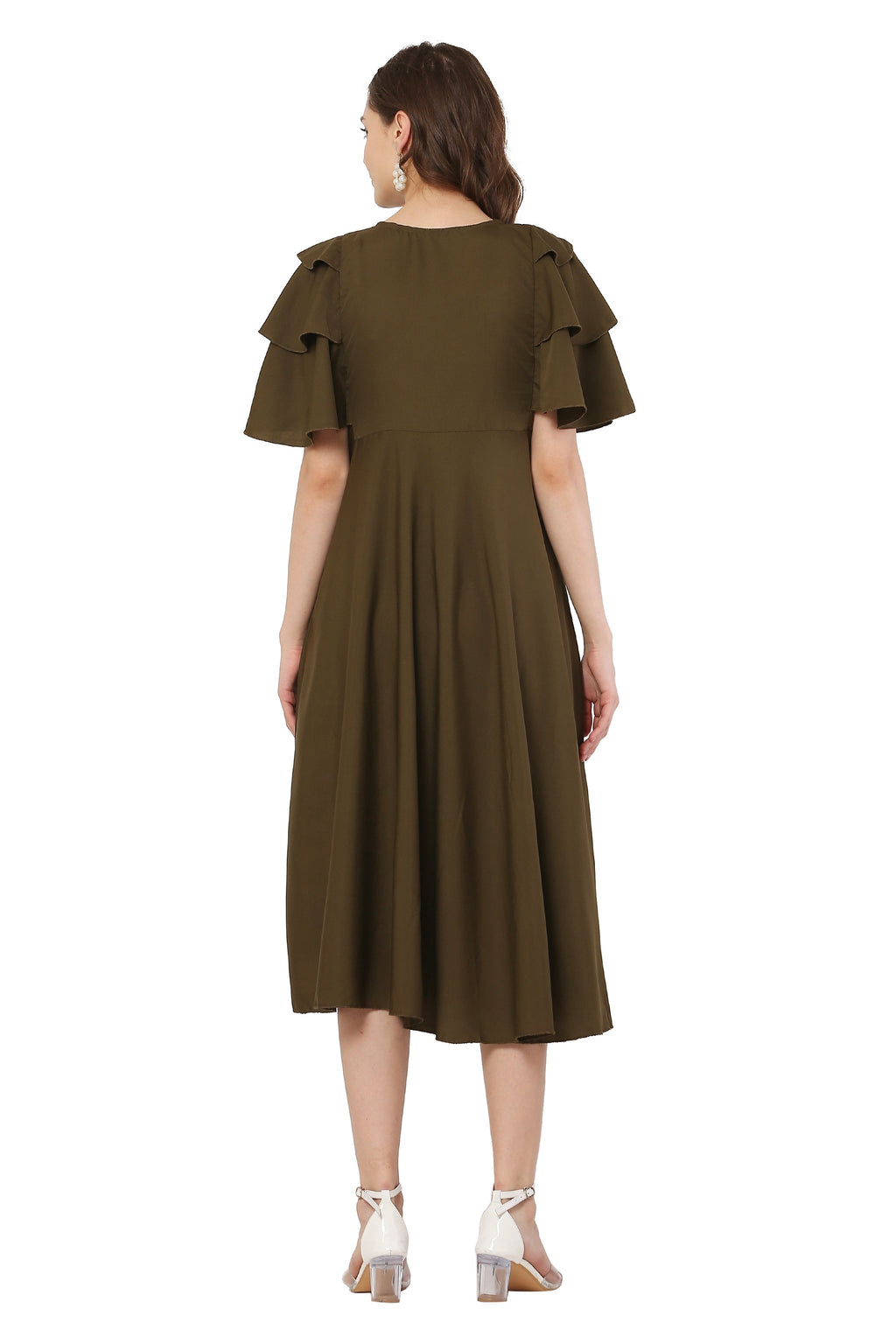PAVONINE Mehandi Green Color Crepe Fabric Embroidery Dress For Women