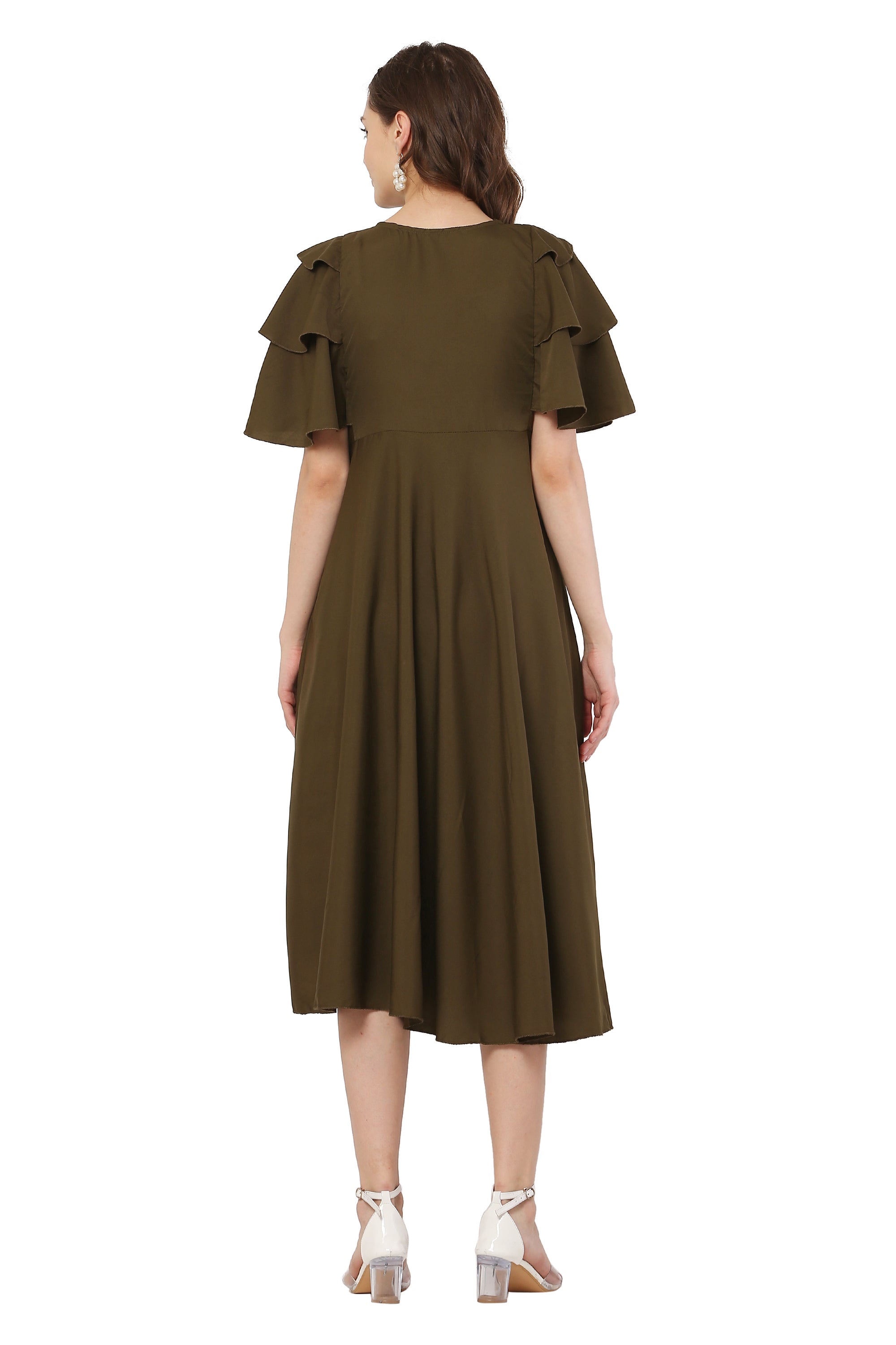 PAVONINE Mehandi Green Color Crepe Fabric Embroidery Dress For Women