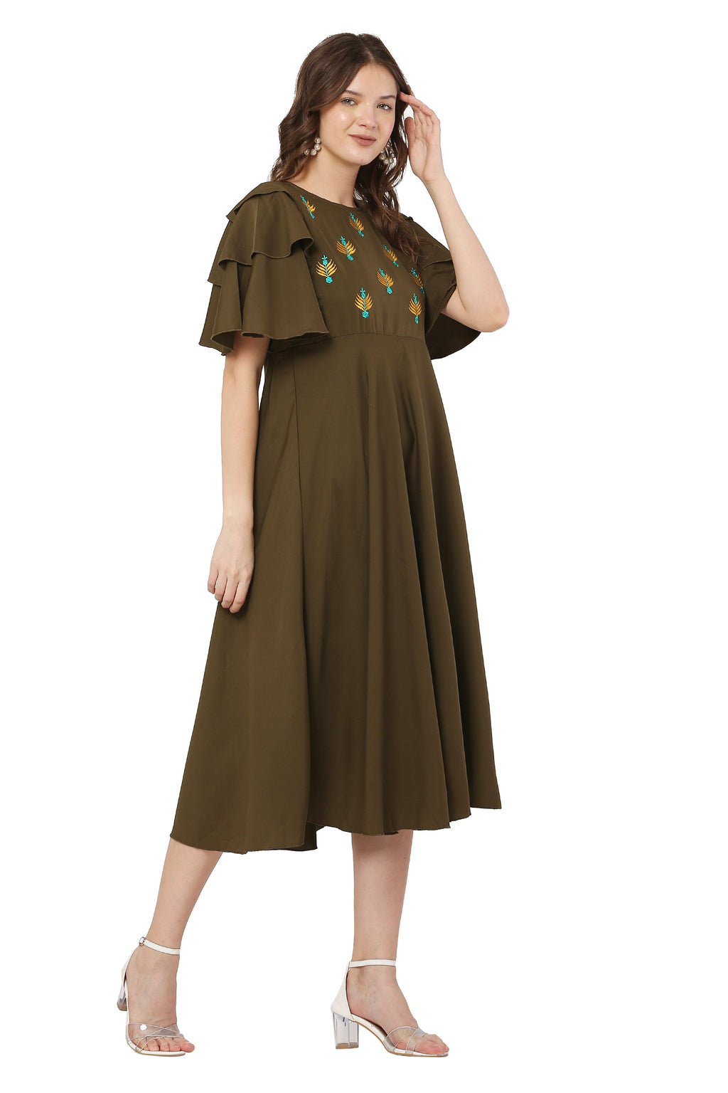 PAVONINE Mehandi Green Color Crepe Fabric Embroidery Dress For Women