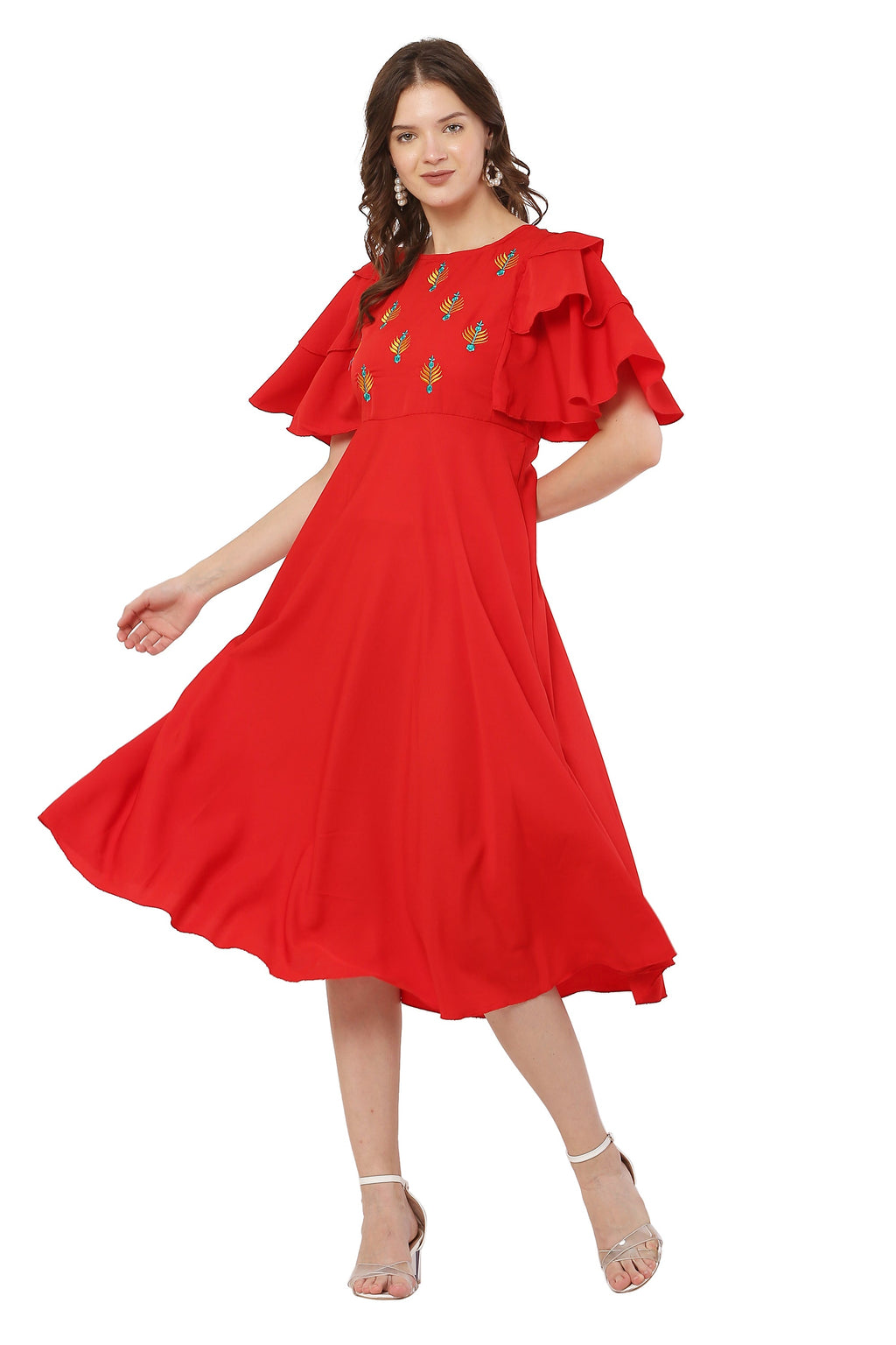 PAVONINE Red Color Crepe Fabric Embroidery Dress For Women