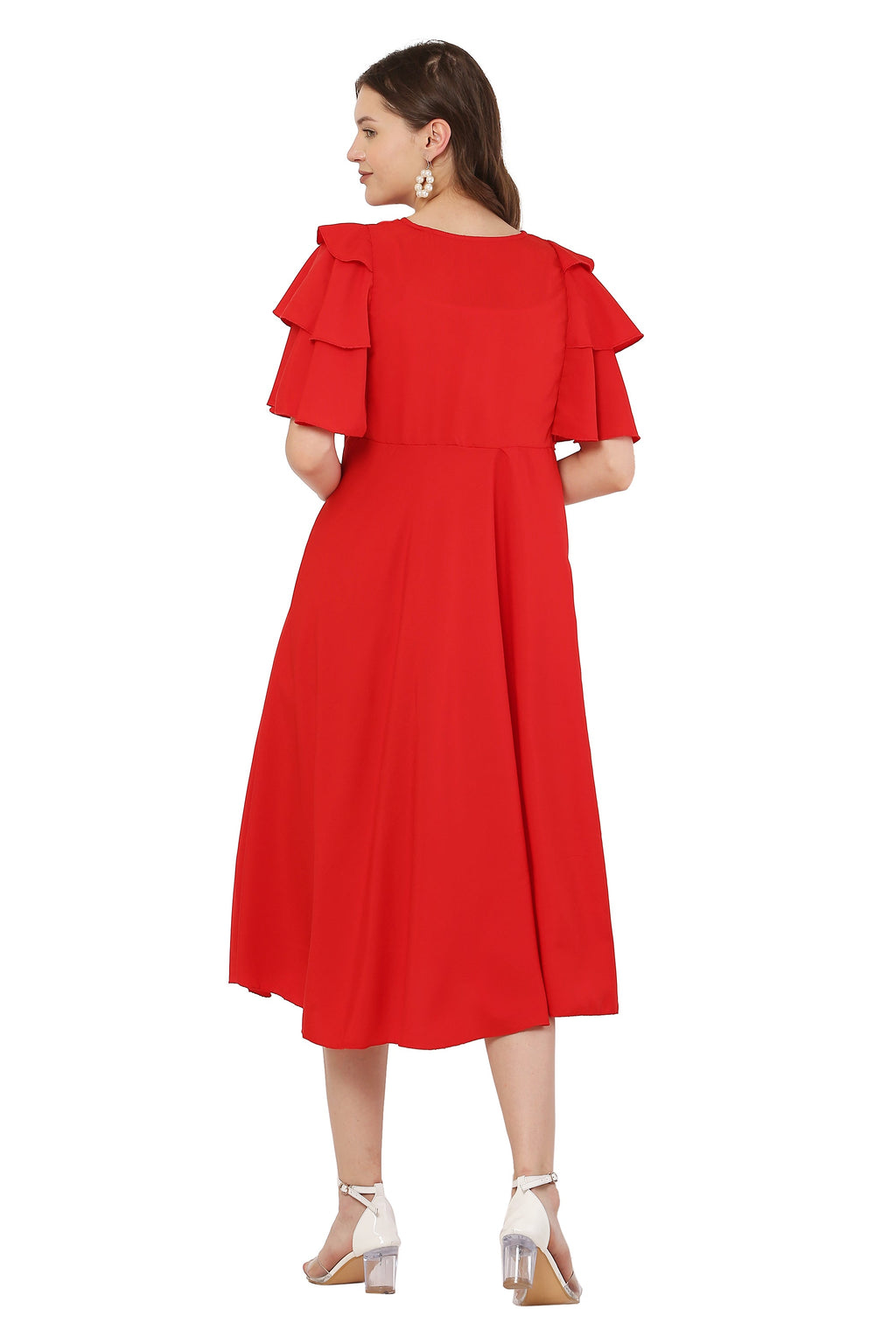 PAVONINE Red Color Crepe Fabric Embroidery Dress For Women