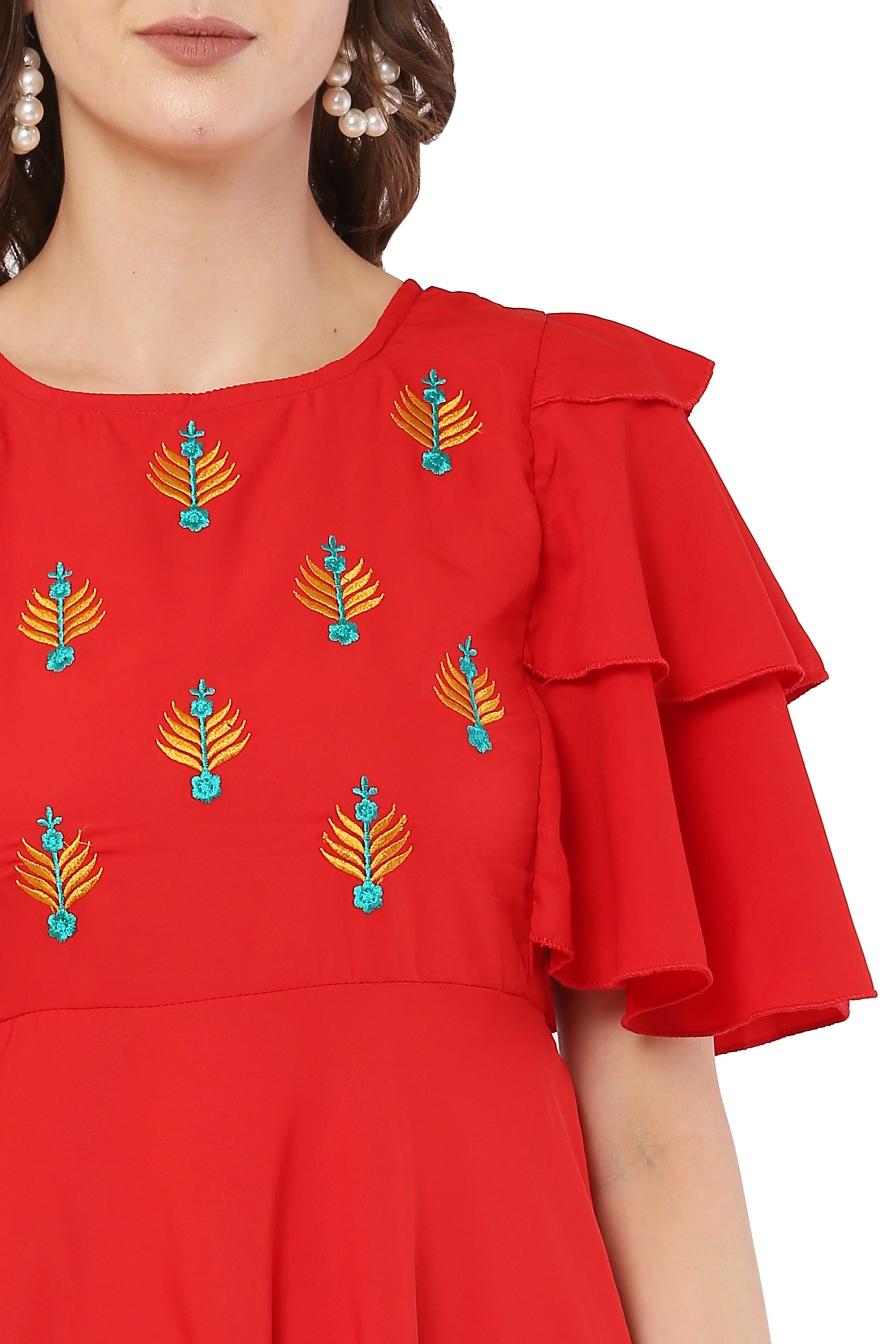 PAVONINE Red Color Crepe Fabric Embroidery Dress For Women