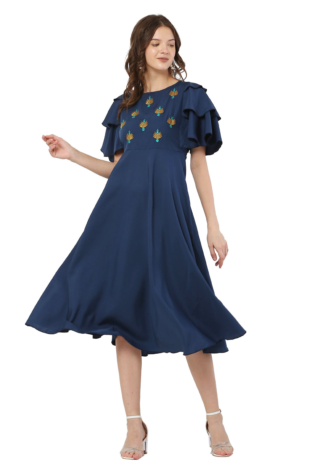 PAVONINE Navy Blue Color Crepe Fabric Embroidery Dress For Women