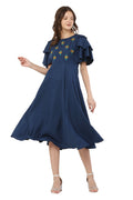 PAVONINE Navy Blue Color Crepe Fabric Embroidery Dress For Women