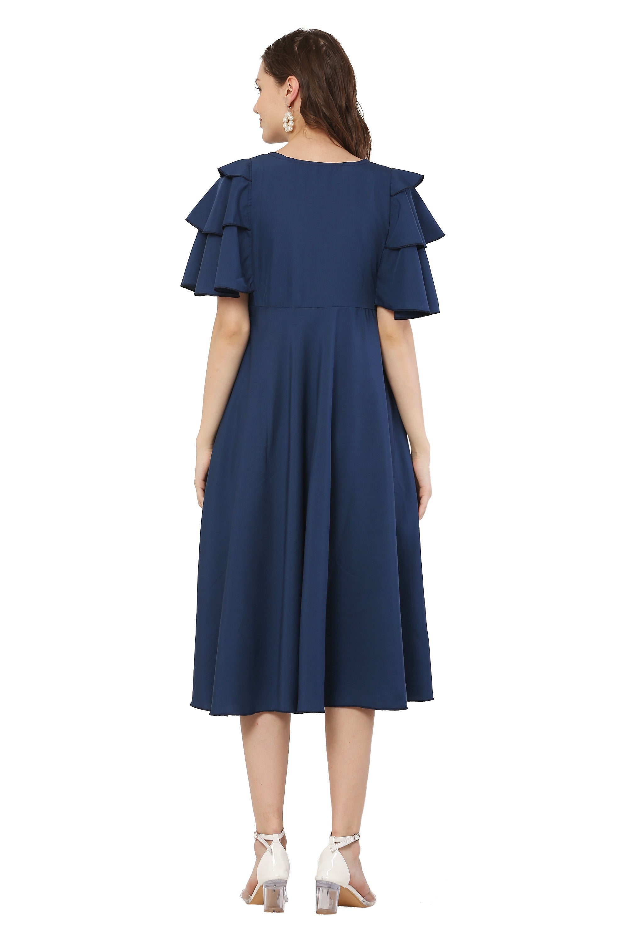 PAVONINE Navy Blue Color Crepe Fabric Embroidery Dress For Women