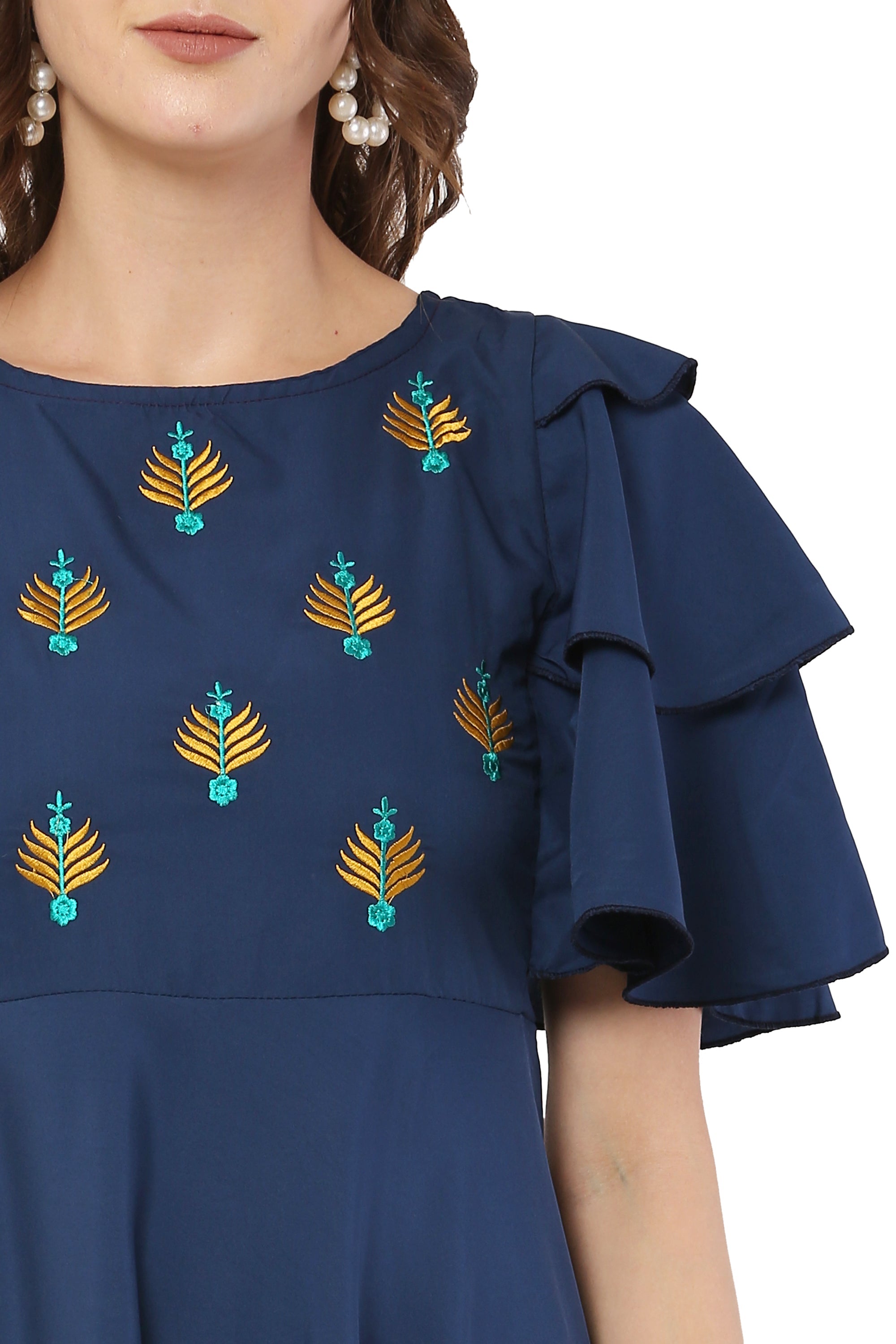 PAVONINE Navy Blue Color Crepe Fabric Embroidery Dress For Women