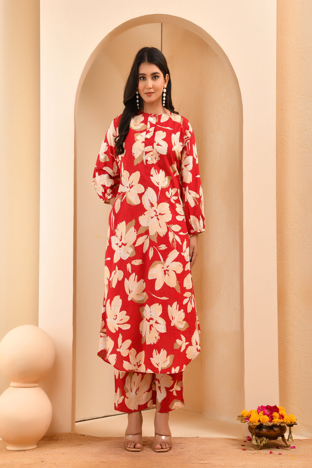Vaasva Women Cherry Red Floral Aline Printed Cord Set