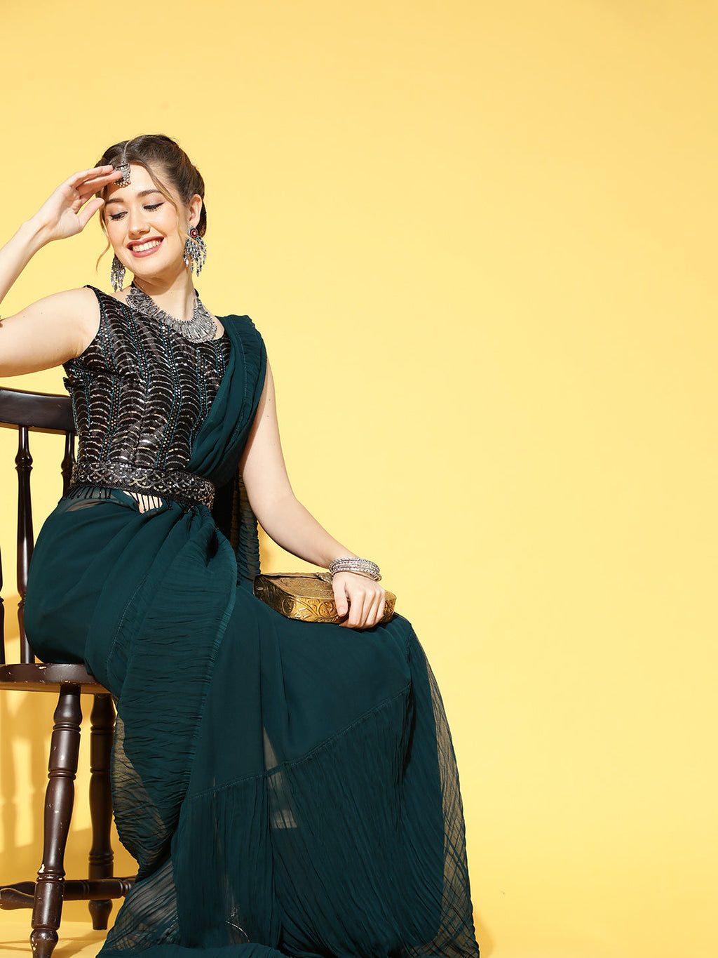 Saree Mall Teal Green & Black Solid Poly Georgette Party Saree with Matching Blouse
