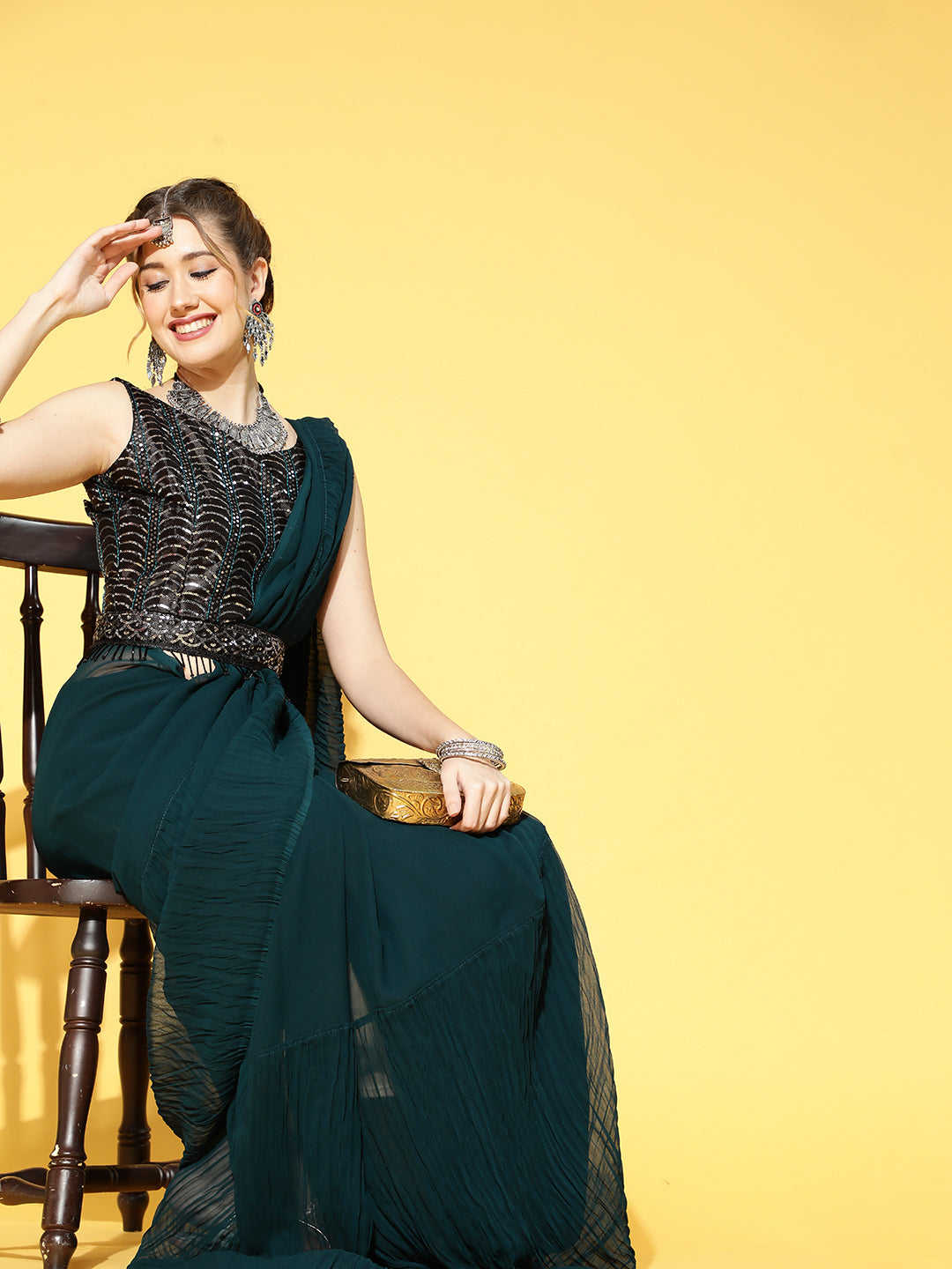 Saree Mall Teal Green & Black Solid Poly Georgette Party Saree with Matching Blouse