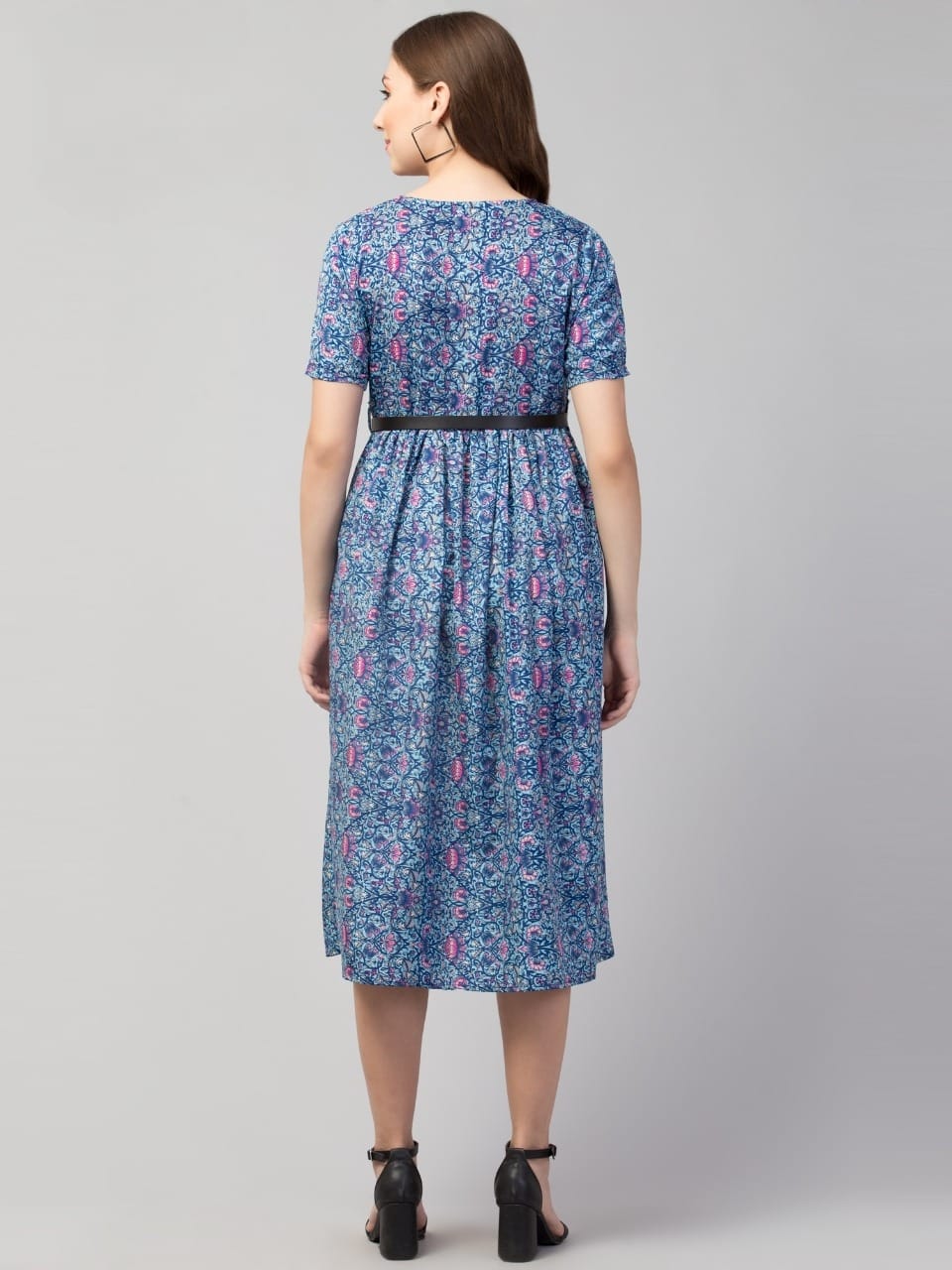 PAVONINE Blue Color Jaipuri Print Belt Dress For Women