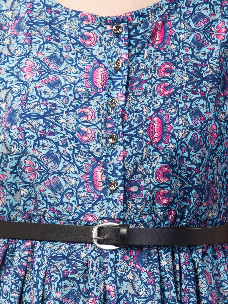 PAVONINE Blue Color Jaipuri Print Belt Dress For Women