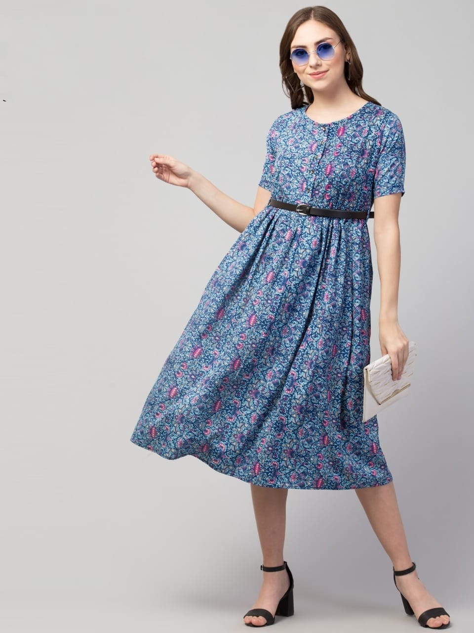 PAVONINE Blue Color Jaipuri Print Belt Dress For Women