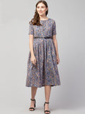 PAVONINE Grey Color Jaipuri Print Belt Dress For Women