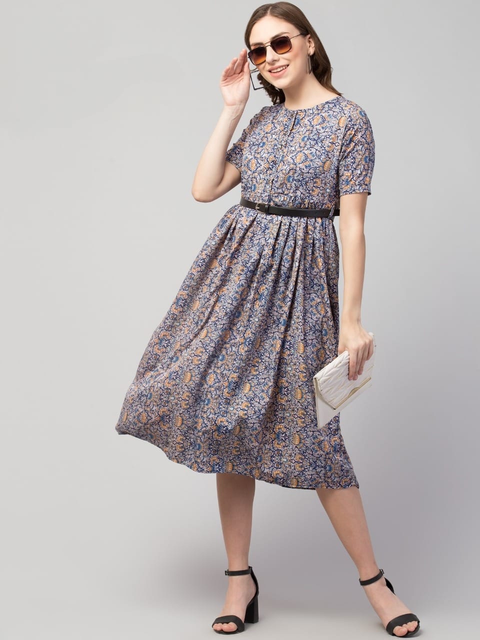 PAVONINE Grey Color Jaipuri Print Belt Dress For Women