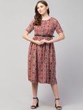 PAVONINE Maroon Color Jaipuri Print Belt Dress For Women
