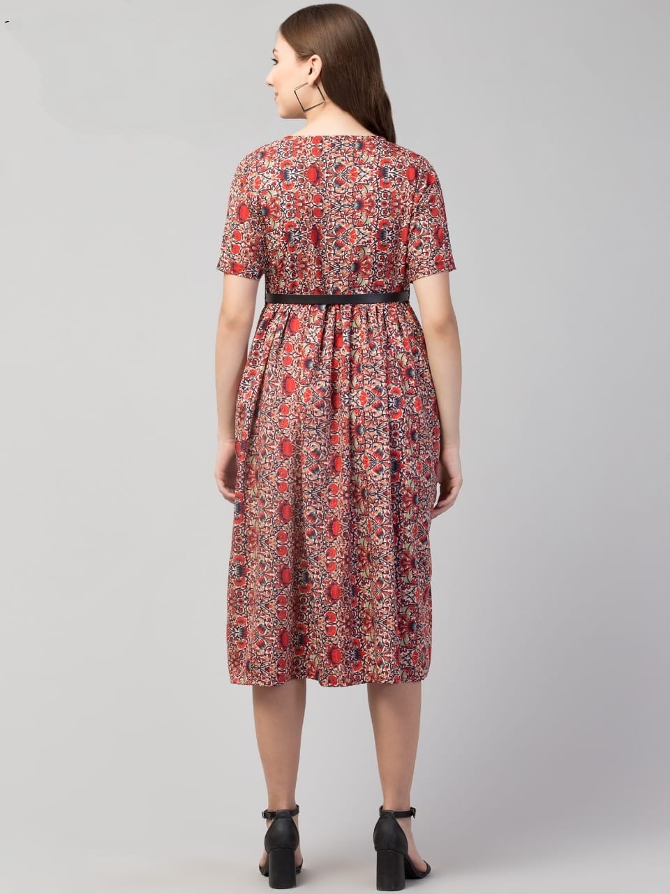PAVONINE Maroon Color Jaipuri Print Belt Dress For Women
