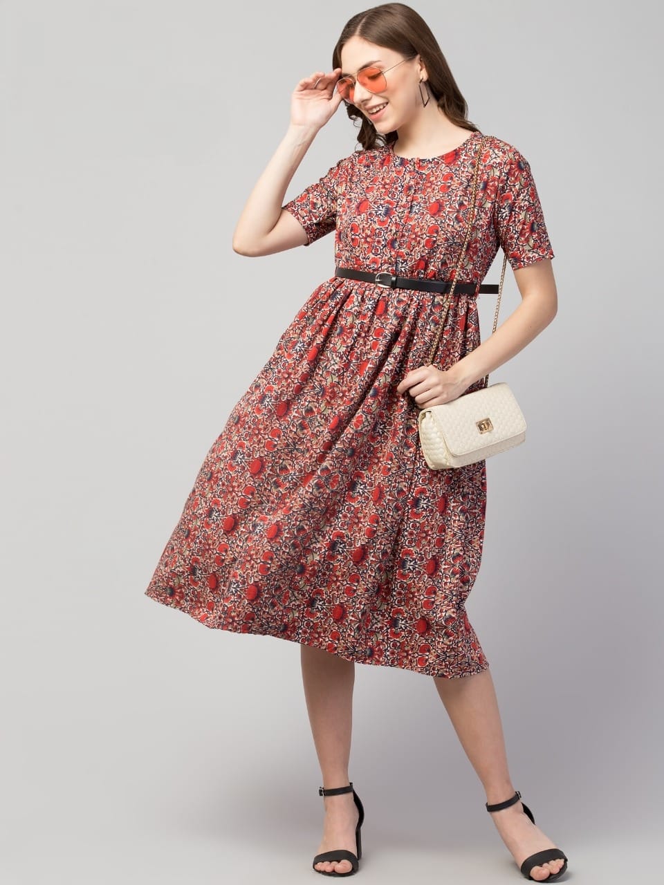 PAVONINE Maroon Color Jaipuri Print Belt Dress For Women