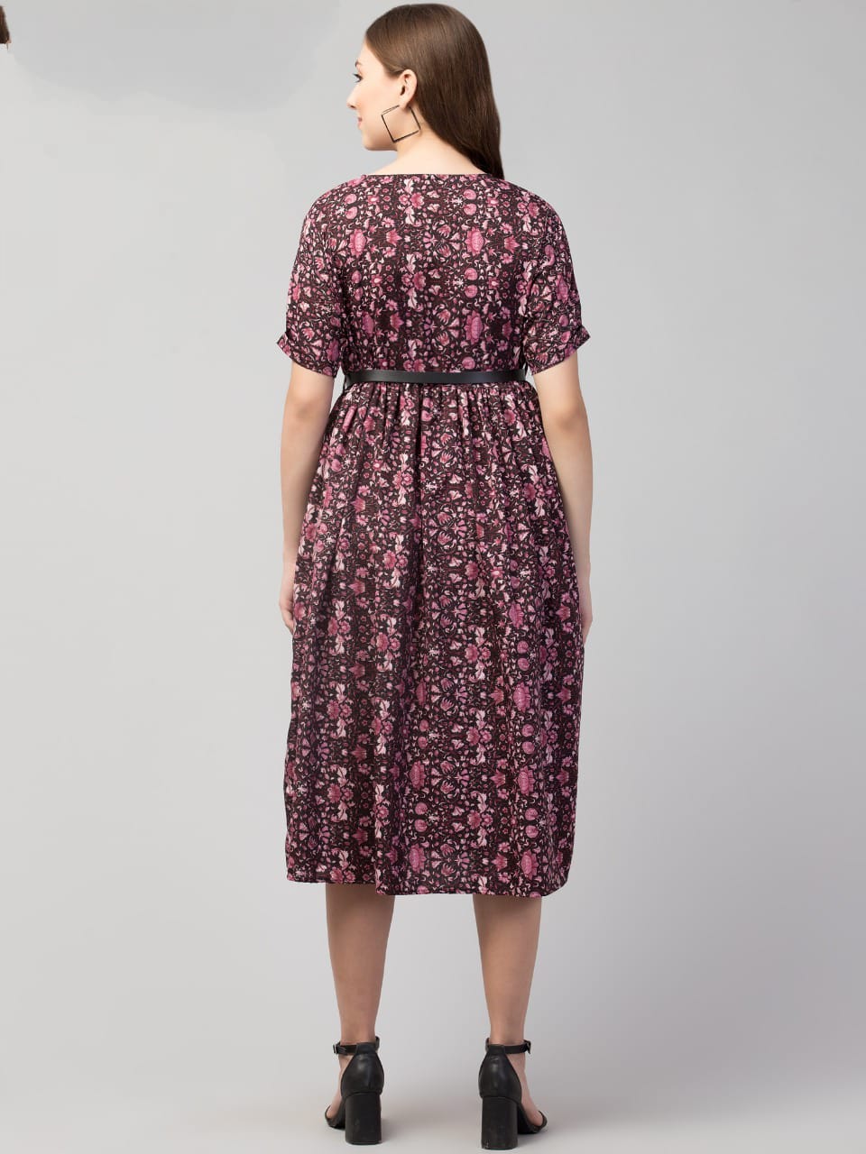 PAVONINE Wine Color Jaipuri Print Belt Dress For Women