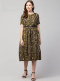 PAVONINE Yellow Color Jaipuri Print Belt Dress For Women