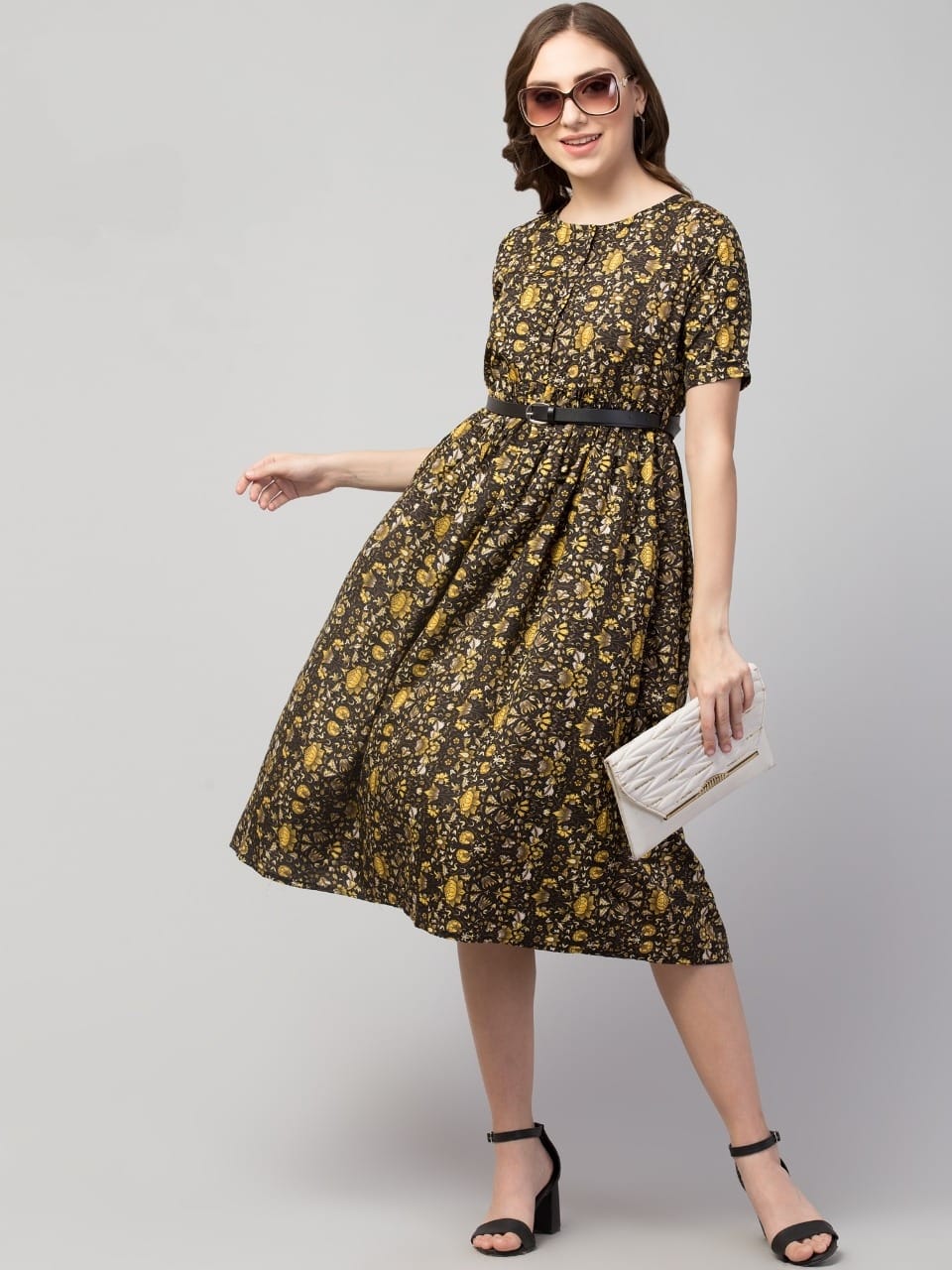PAVONINE Yellow Color Jaipuri Print Belt Dress For Women