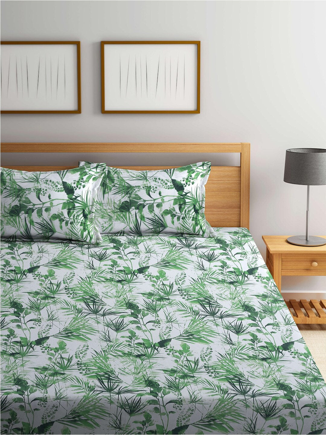 BOMBAY DYEING Serenita Green Printed Cotton 144 TC King Bedsheet with 2 Pillow Covers