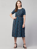 PAVONINE Navy Blue Color Jaipuri Print Belt Dress For Women