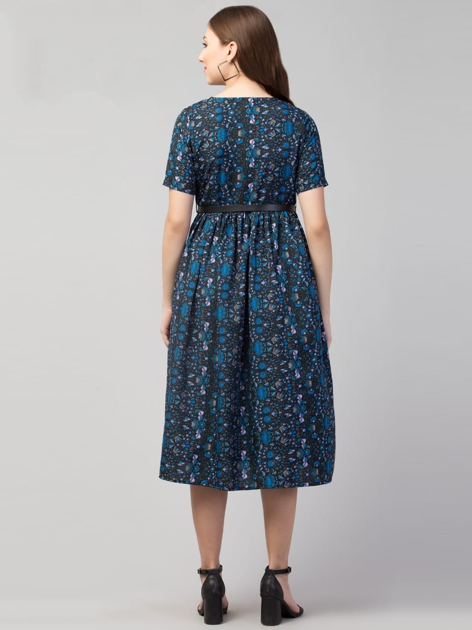 PAVONINE Navy Blue Color Jaipuri Print Belt Dress For Women