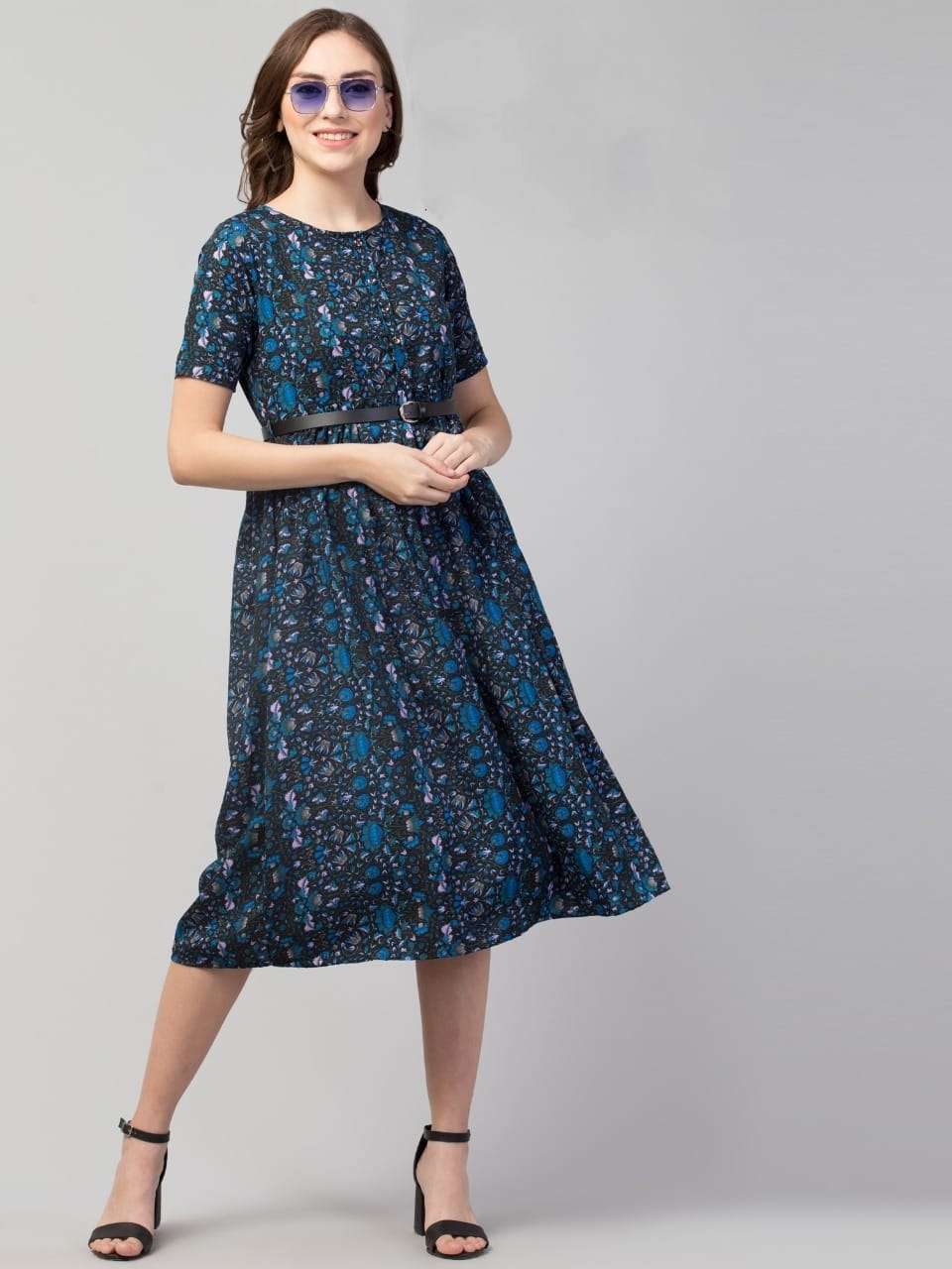PAVONINE Navy Blue Color Jaipuri Print Belt Dress For Women