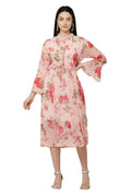PAVONINE Peach Color Flower Printed Straight Dress For Women