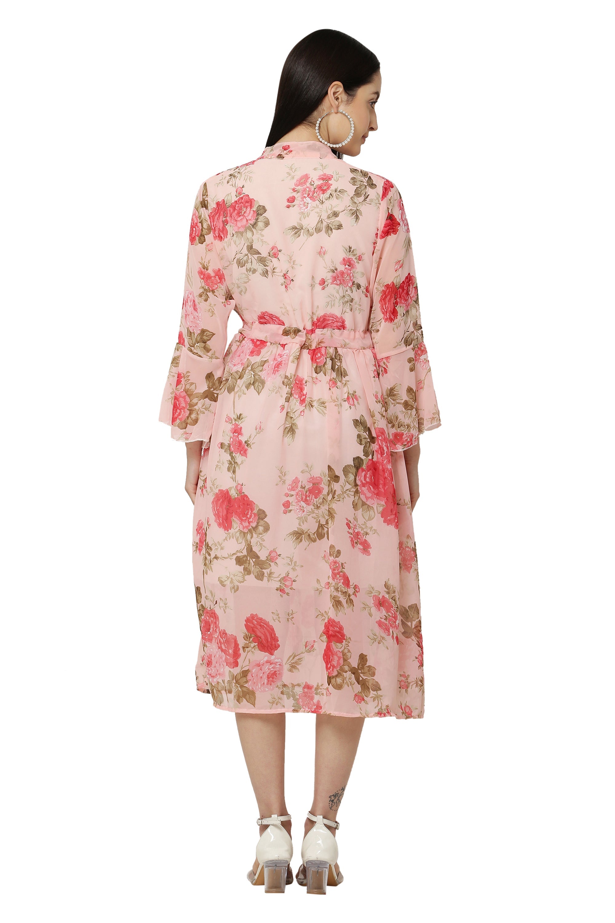 PAVONINE Peach Color Flower Printed Straight Dress For Women