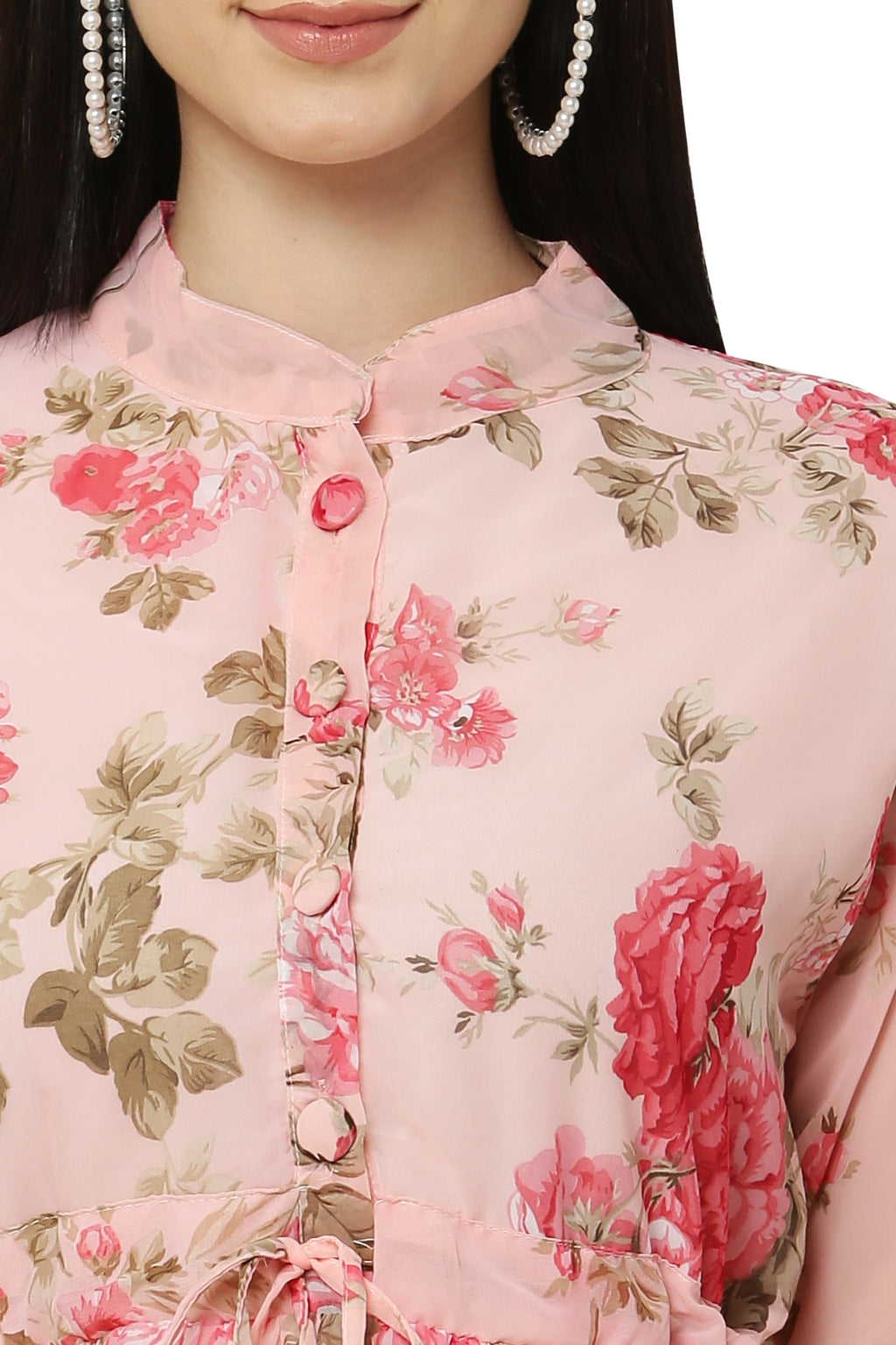 PAVONINE Peach Color Flower Printed Straight Dress For Women