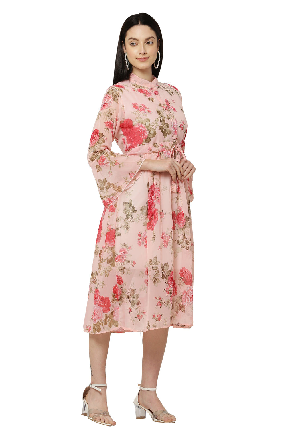 PAVONINE Peach Color Flower Printed Straight Dress For Women