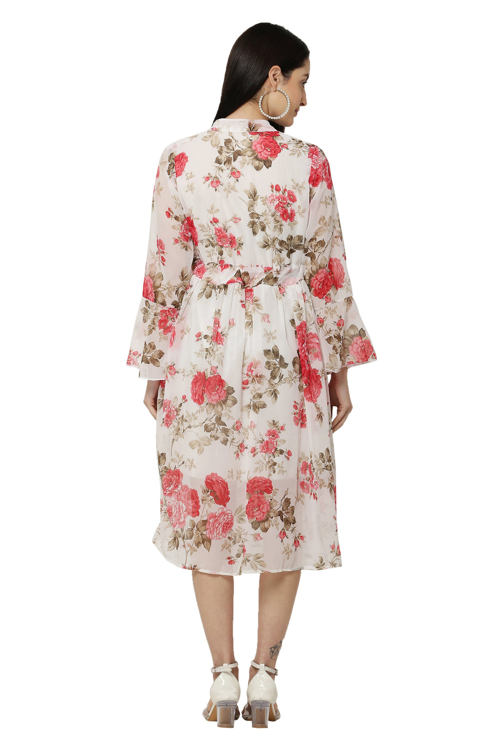 PAVONINE Pink Color Flower Printed Straight Dress For Women