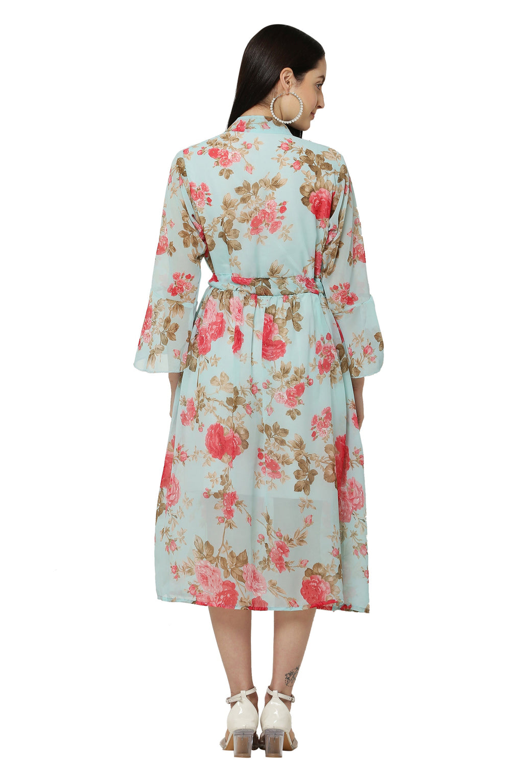PAVONINE Rama Green Color Flower Printed Straight Dress For Women