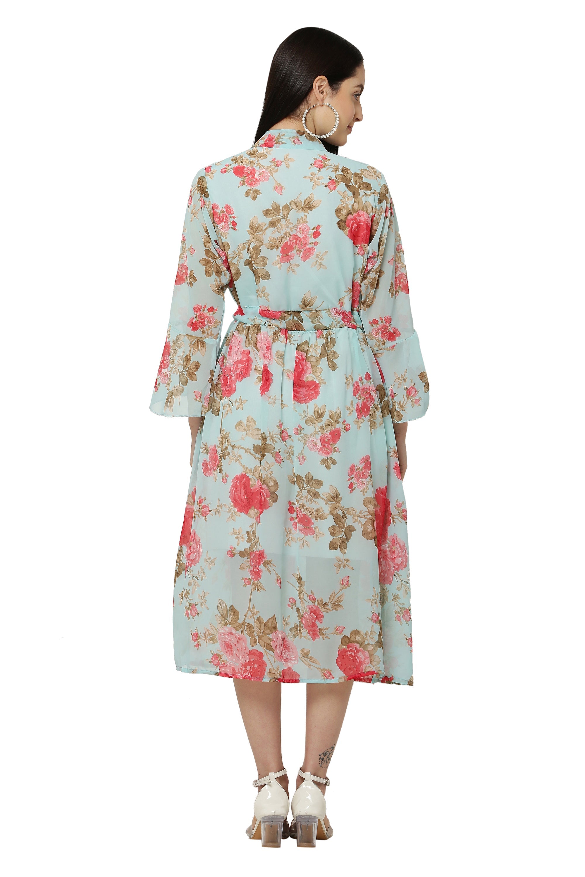PAVONINE Rama Green Color Flower Printed Straight Dress For Women
